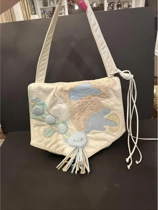 Vintage 1980's Colini Shoulder Bag Leather Multicolor Pastel White Patchwork - Picture 7 of 8